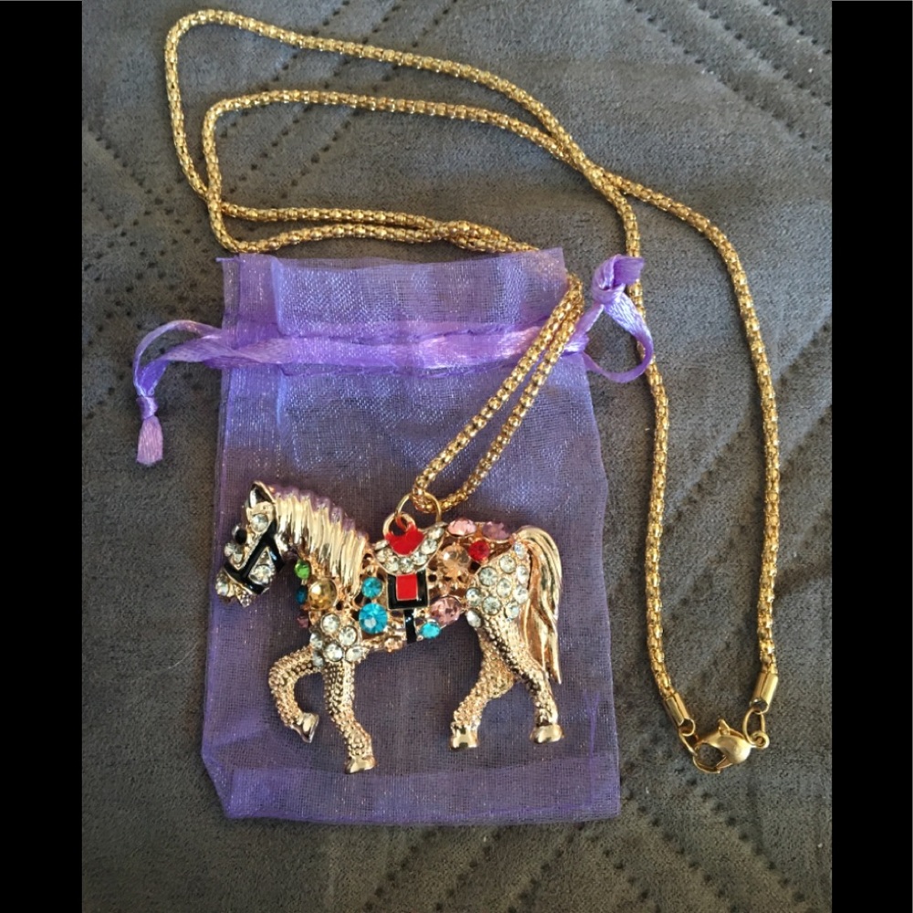 Rhinestoned Carousel Horse Pendant w/ Necklace